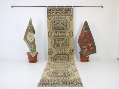 Vintage Hand Knotted Extra Long Runner Rug Brown Beige Traditional Oushak 3x11  - image 1 of 4