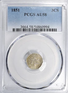 1851 THREE CENT SILVER 3c ~ NICE ORIGINAL SKIN PCGS AU58! - Picture 1 of 4