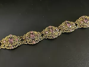 Bracciale Vintage CECO Firmato Art Deco Nouveau Viola Ovale Strass Ottone Link - Foto 1 di 5