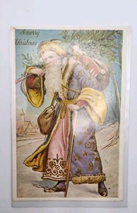 1900 Santa Claus PURPLE Robe Coat Toys Snow Antique Vintage Christmas Postcard - Picture 1 of 2