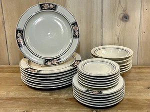 Set Of 26 EPOCH “BEAUTY” Black Rim Pink Flowers Plc Settings Made In Korea - Picture 1 of 9