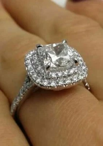 2,89 kt weißer Diamant im Kissenschliff simulierter Halo-Verlobungsring 14 K Weißgold - Bild 1 von 2