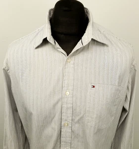 Tommy Hilfiger Grey Shirt MEDIUM 15.5 16 Mens Custom Fit Striped Cotton 2 Ply - Picture 1 of 8