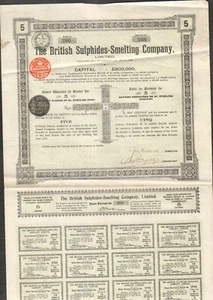 Titre 5 actions: THE BRITISH SULPHIDES-SMELTHING CY (ROYAUME-UNI) (W) - Foto 1 di 1
