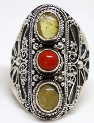 Bellissimo anello in argento 925 con corallo ambrato unico fatto a mano - Immagine 1 di 4