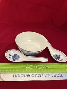 Chinese Porcelain Rice Bowls Fir Tree Blue White Jingdezhen Zhi &2 Match Spoons - Picture 1 of 7