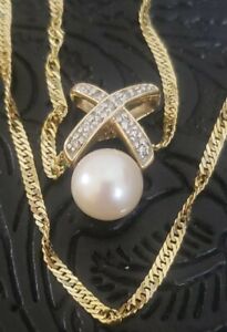 14K Gold Pearl and Diamond Pendant Necklace