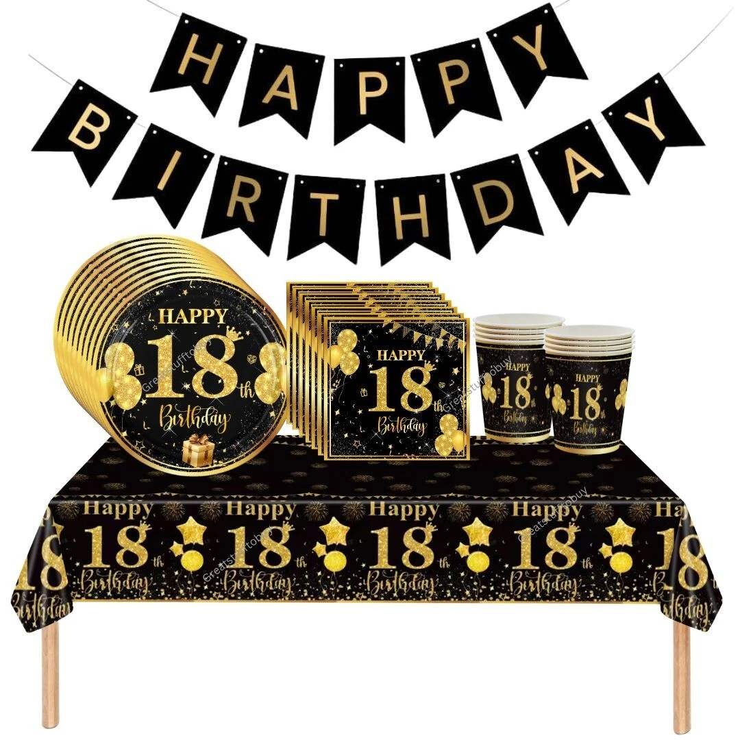 Decorazioni 18 Anni Ragazza Striscione '18 Anni' Compleanno In Tessuto Oro E Nero - 185x115 Cm, Con Corda, Per Decorazione Feste E Sfondo Foto Decorazione Tematica 18 Anni Per Ragazza Ragazzo