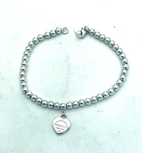 Return to Tiffany & Co. Sterling Silver Mini Heart Tag 4mm Beaded Bracelet 7" 