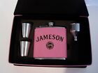 Jameson Pink Leather 6 Oz Flask Gift Set 2 Shot Glasses & Funnel In Leather Box