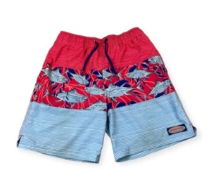 Vineyard Vines Boys Large Paneled Chappy Swim Trunks Fish Red Blue Stripe - Picture 1 of 8