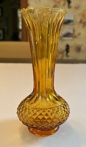 Vintage MCM Pressed Glass Amber Bud Vase with Diamond pattern and Crimped edges - Picture 1 of 12