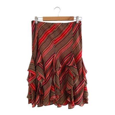 Ralph Lauren Boho Ruffle Midi Skirt – Red Brown Printed – Size S - image 1 of 4