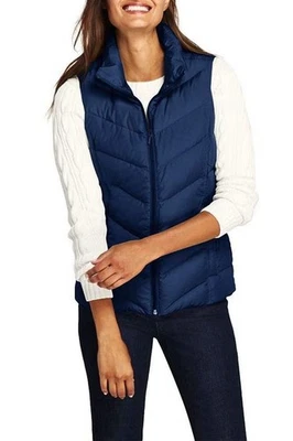 Lands End Quilted Puffer Down Vest Women S Blue Full Zipper High Collar Pockets - Image 1 of 4