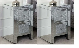 Birlea Anne SET OF 2 Mirrored 2 Drawer Bedside Table with Crystal Handle - Picture 1 of 9