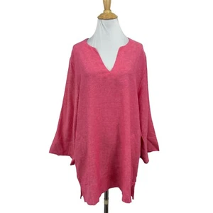 Lands End Blouse Women L Large Pink Split Neck Quarter Sleeve Tunic Linen Blend - Picture 1 of 15