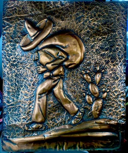 Vintage 1970’s Hammered Copper~Art~Picture~Wall Hanging~Sombrero~cactus-migrant - Picture 1 of 5