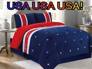 Embroidered RED White and Blue USA Comforter Set and Sheet Set! - 8 Pieces - Picture 1 of 6