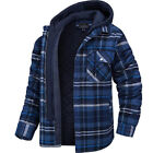 Men Plaid Flannel Shirt Jacket Fully Quilted Lined 5 Pocket Warm Zip-Up Hoodie S