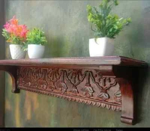 Beautifully Engraved Natural Wooden Wall Shelf/Unique Hand Carved Designer Gift - Picture 1 of 5