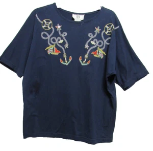 Anne Klein M Knit Short Top Nautical Embellished and Beading Navy - Picture 1 of 6