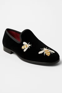 Boys Slip On Loafers with Embroidered bees Black Velvet Shoes - Picture 1 of 5