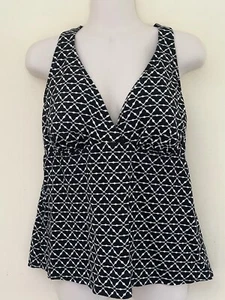 Lands' End Swimsuit Tankini Top Black & White Halter Tie V-neck Size 16 - Picture 1 of 5