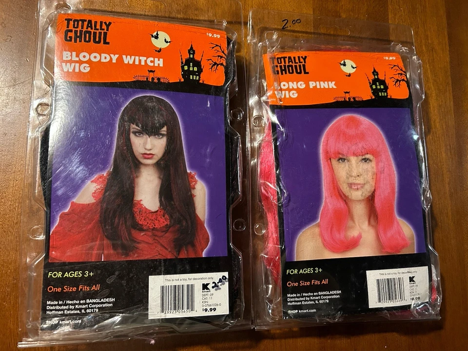 Two Kmart Totally Ghoul Halloween Wigs Bloody Witch, Long Pink, NIB Still Tagged - Image 1 of 4