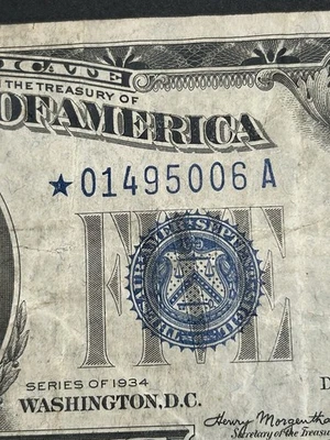 Billete de plata de $5 de 1934 ***STAR*** ¡¡Envío bajo!!! Foto 1 de 3