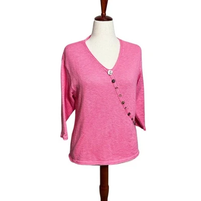 Lu Lu B pullover sweater pink v neck loose fit button detailing 100% cotton Sz M - Image 1 of 4