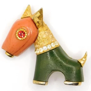 RARE CORAL JADE RHINESTONE SCOTTIE DOG BROOCH HATTIE CARNEGIE - Picture 1 of 6