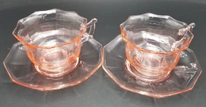 Set of 2 Cambridge Glass Decagon Pink Coffee Tea Cups with Saucers USA - Picture 1 of 9