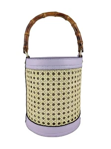 Italian Genuine Leather and Rattan bucket bag with bamboo handle - lilac - Picture 1 of 4
