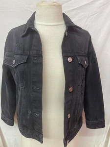 Zara Distressed Black Denim Jacket- Girls 10Y - Picture 1 of 7