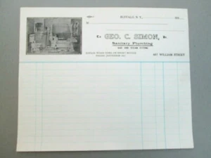 1930's BUFFALO NY Billhead Geo C Simon Sanitary Plumbing Bathroom Illustrated - Picture 1 of 2