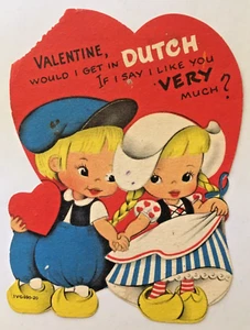 Vintage Die Cut Valentine Dutch Boy And Girl Holding Hands With Hearts c1940's - Picture 1 of 4
