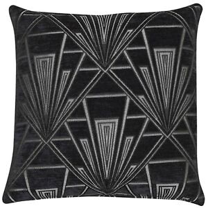 Art Deco Cushion. Luxury Velvet Chenille. Silver and Black Geometric Design.