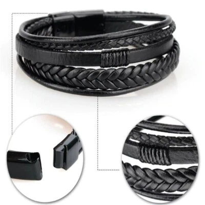 Pulsera brazalete brazalete de cuero sintético negro hecha a mano para hombre joyería para hombre Foto 1 de 4