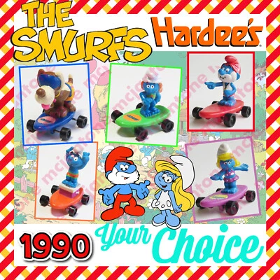 Hardees 1990 SMURFS Monopatín SMURF Figura Azul PEYO Figura TU ELECCIÓN Juguete Foto 1 de 2