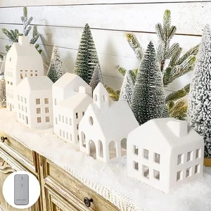 5pc Lighted Christmas Village Set Ceramic Houses 9 Trees Remote Control Rustic D - Picture 1 of 6