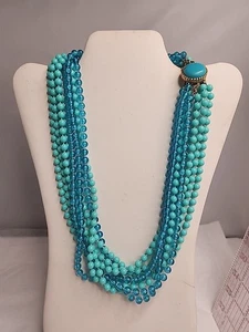 Vintage Aqua And Turquoise Beaded Necklace 8 Strand - Picture 1 of 7