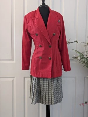 Rhodes Collections red blazer paired with a pleated black and white checkered... - Image 1 of 4