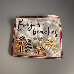 Needlepoint Zipped Pocket Bag Case Pouch Bonjour Beaches 8”x7” - Picture 1 of 5