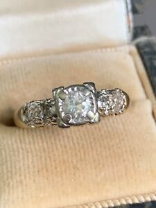 Real Diamond 14K SOLID GOLD Art Deco Engagement Ring Estate Fresh! NR