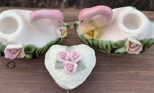 3 Vtg Royal Sealy Pink Swan Taper Candle Holders Rosette Heart Shaped Box Set - Picture 1 of 16