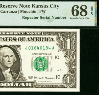 2017 $1 FRN PMG 68EPQ - Top Pop Highest Graded - Repeater Serial Number 01840184 - Image 1 of 4