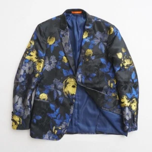 Tallia Mens Blazer Sport Coat Satin Blue Yellow Floral 2 Button Polyester 40R - Picture 1 of 12