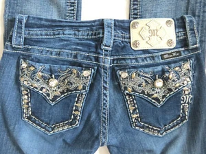 Miss Me Signature Straight 25 x 31 RHINESTONE Embellished Front &Back Blue Jeans - Picture 1 of 8