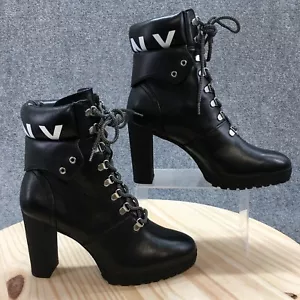 DKNY Boots Womens 11 M Lace Up Combat Block Heels Bootie Black Faux Leather - Picture 1 of 17