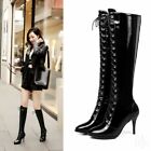 Ladies Outdoor Patent Leather High Heels Full Zip Lace Up Knee High Thigh Boots